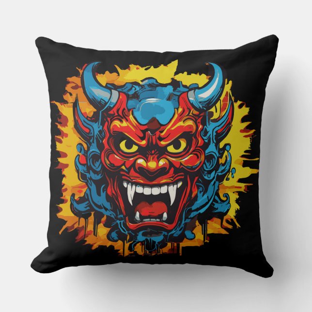 Graffiti Oni Mask Bold Art Throw Pillow (Front)