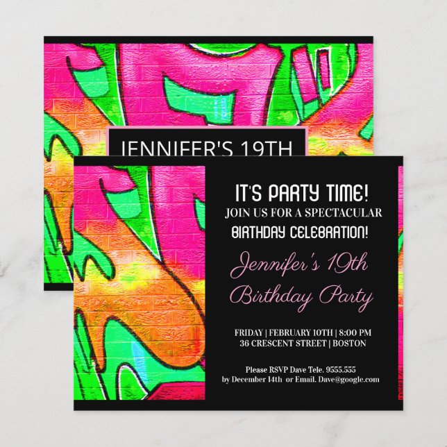 Graffiti Pink Abstract Letters Birthday Invitation (Front/Back)