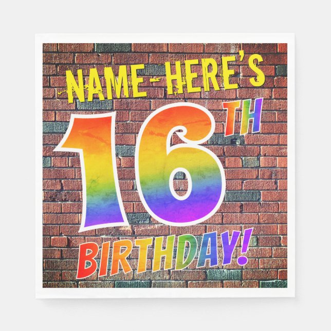 Graffiti Rainbow Look 16TH BIRTHDAY! + Custom Name Napkin (Front)