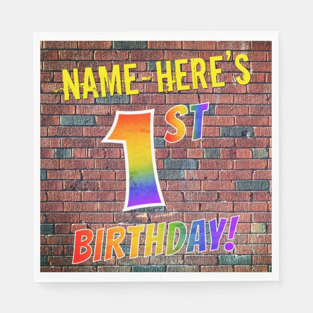 Graffiti Rainbow Look 1ST BIRTHDAY! + Custom Name Napkin (Front)