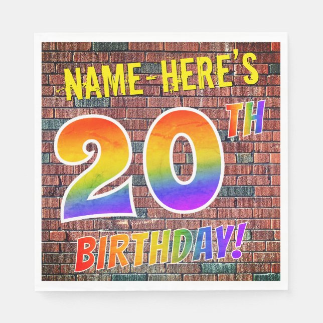 Graffiti Rainbow Look 20TH BIRTHDAY! + Custom Name Napkin (Front)