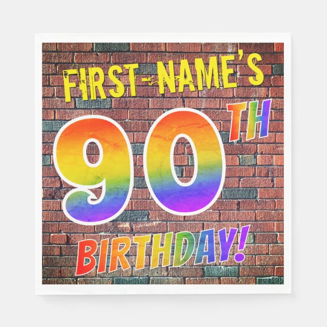 Graffiti Rainbow Look 90TH BIRTHDAY! + Custom Name Napkin (Front)