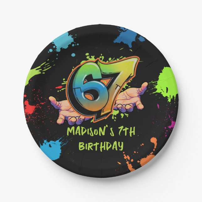Graffiti Six Seven Kids 7th Birthday Paper Plate (Front)