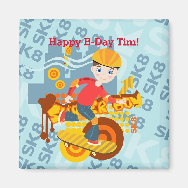 Graffiti skateboard kid birthday party magnet (Front)