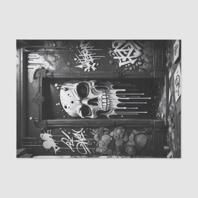 Graffiti Skull on Door | Bold Black & White Urban  Tissue Paper (Front)