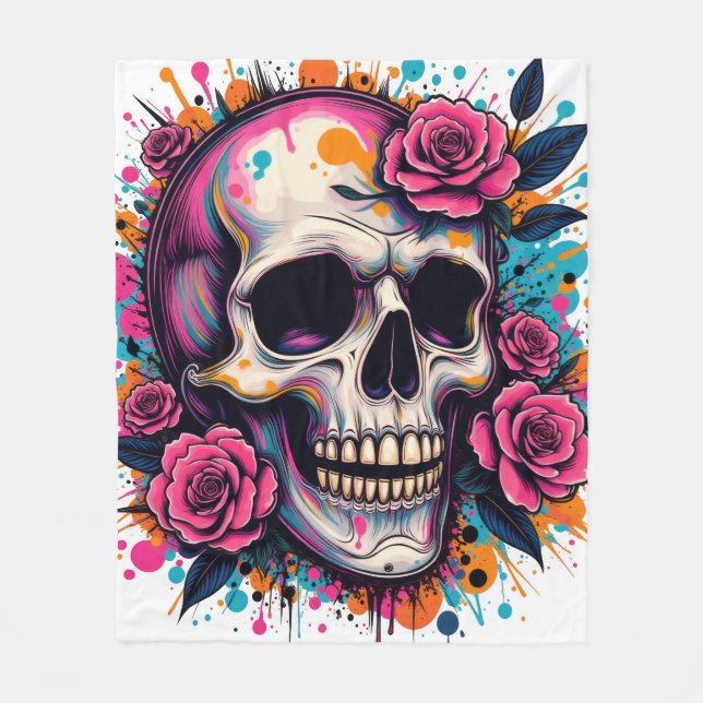  Graffiti Skull & Roses Fleece Blanket (Front)