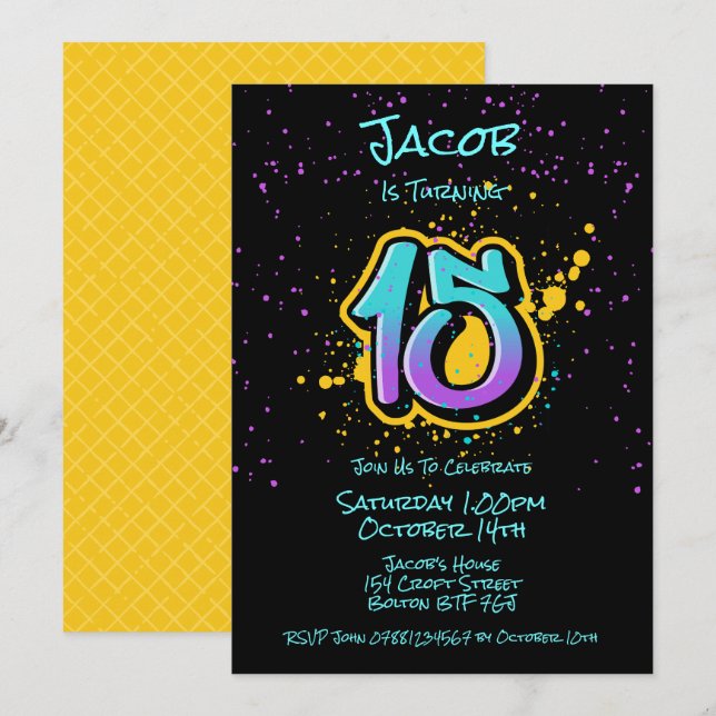 Graffiti Splatter Age Fifteen Invitation (Front/Back)