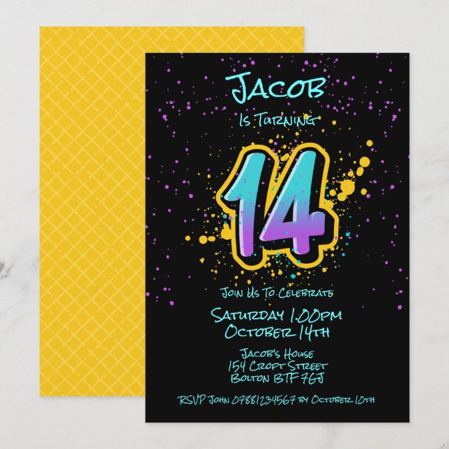 Graffiti Splatter Age Fourteen Invitation (Front/Back)