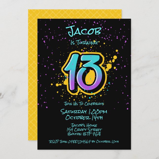 Graffiti Splatter Age Thirteen Invitation (Front/Back)