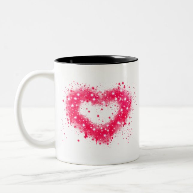 Graffiti spray paint pink sparkling heart design Two-Tone coffee mug (Left)