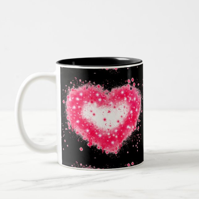 Graffiti spray paint pink sparkling heart design Two-Tone coffee mug (Left)