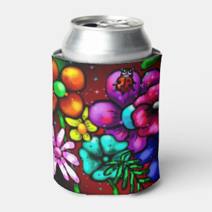 Graffiti Style Flowers & Ladybug Pink Purple Red Can Cooler
