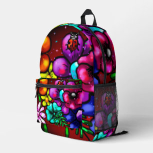 Graffiti Style Flowers & Ladybug Pink Purple Red Printed Backpack
