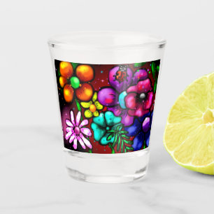 Graffiti Style Flowers & Ladybug Pink Purple Red Shot Glass