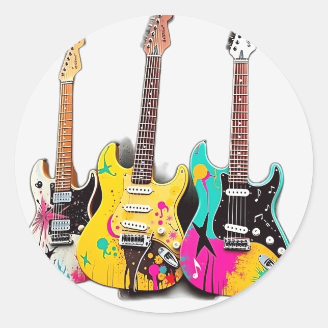 Graffiti Style Guitars with Musical Notes Classic Round Sticker (Front)