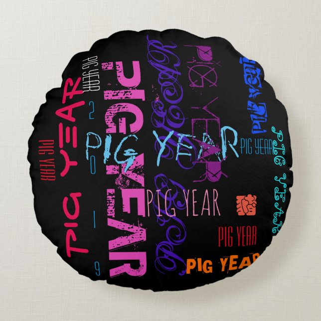 Graffiti style Repeating Pig Year 2019 Round P Round Cushion (Front)