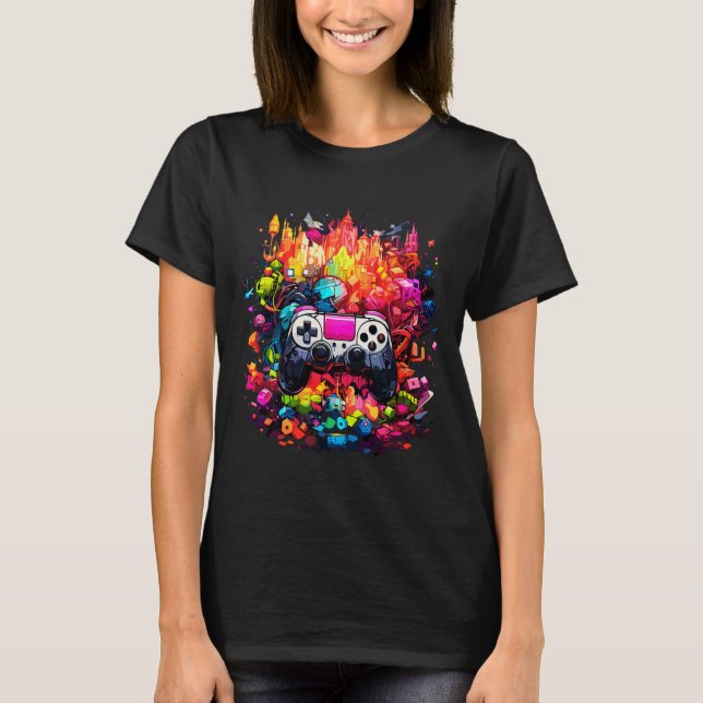 Graffiti Tie Dye Splash Video Game Controller Game T-Shirt (Front)