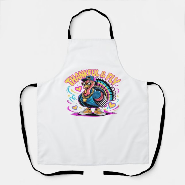 Graffiti Turkey Vibes – Thankful & Fly Cartoon Art Apron (Front)