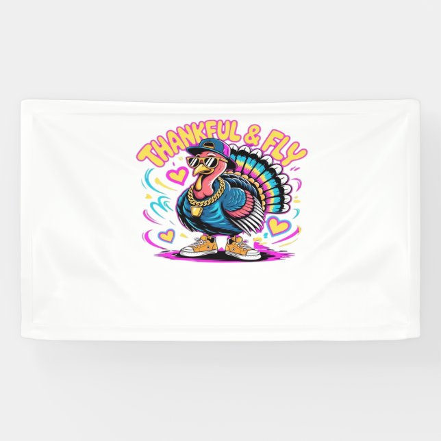Graffiti Turkey Vibes – Thankful & Fly Cartoon Art Banner (Horizontal)