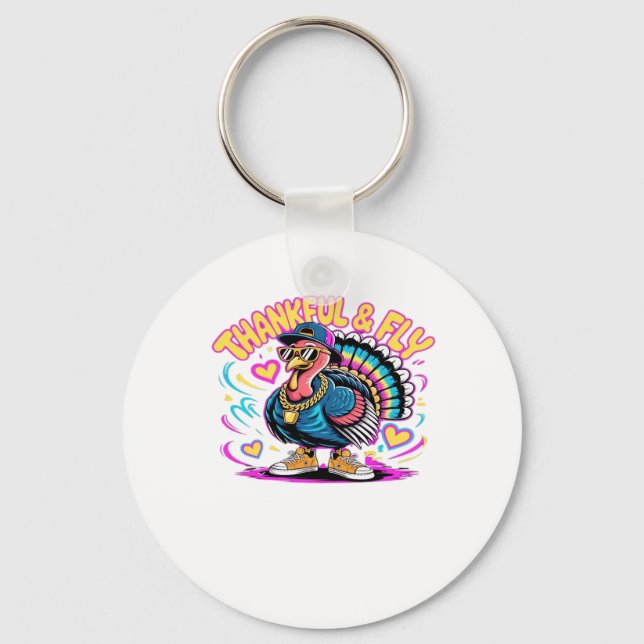 Graffiti Turkey Vibes � Thankful & Fly Cartoon Art Key Ring (Front)