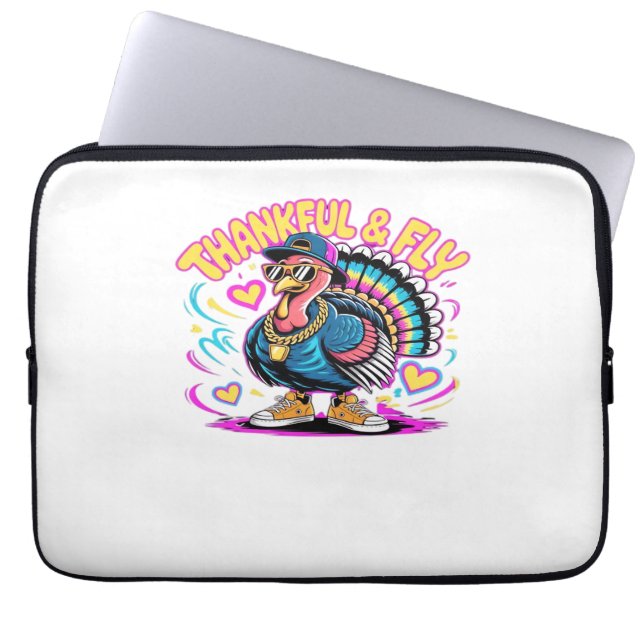Graffiti Turkey Vibes – Thankful & Fly Cartoon Art Laptop Sleeve (Front)