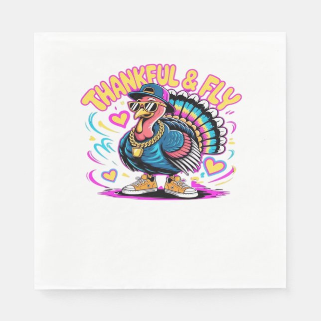 Graffiti Turkey Vibes – Thankful & Fly Cartoon Art Napkin (Front)