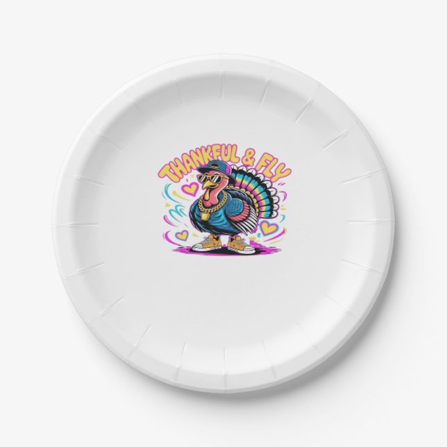 Graffiti Turkey Vibes – Thankful & Fly Cartoon Art Paper Plate (Front)