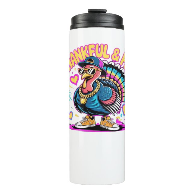 Graffiti Turkey Vibes – Thankful & Fly Cartoon Art Thermal Tumbler (Front)