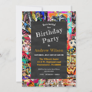 Graffiti wall collage with chalkboard  invitation