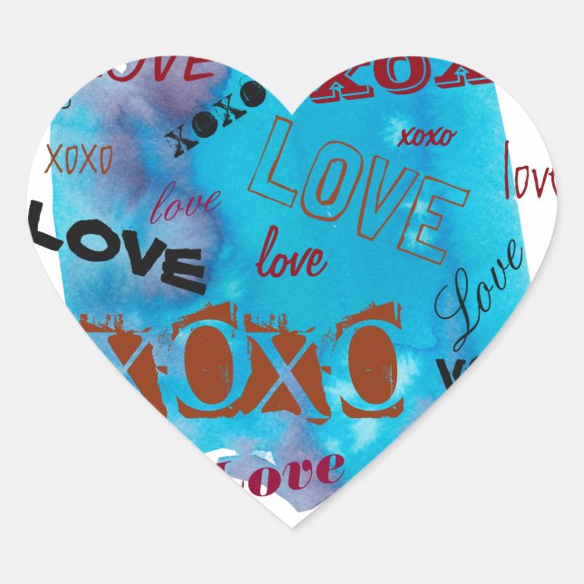 Graffiti Watercolor Love, XOXO, various fonts Heart Sticker (Front)