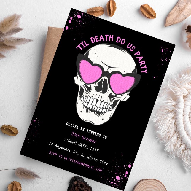 Grafitti Black and Pink Skull Party Invitation (Black and Pink Skull Birthday Party Invitation)