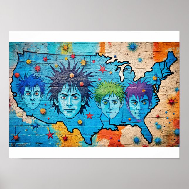 Grafitti Watercolor USA Map Poster (Front)