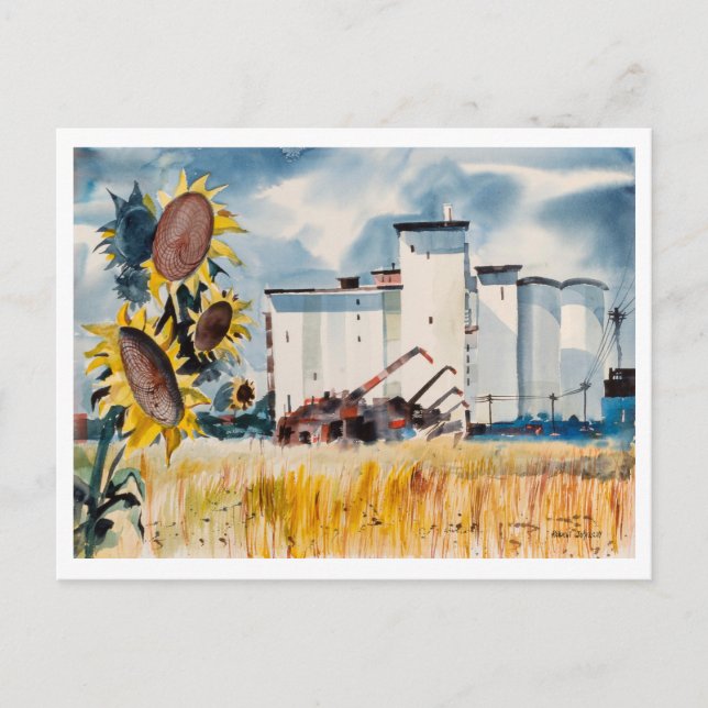 Grain Elevator with Sunflowers Painting Postcard (Front)