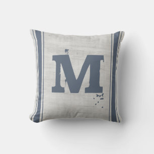 Grain Sack Blue Grey Vertical Stripes Monogram M Cushion