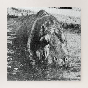 Grainy Black White Hippo Art, Jigsaw Puzzle