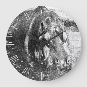 Grainy Black White Hippo Art, Pocket Wall Clock