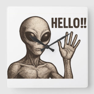 Grainy Encounter: The Alien Greeting Square Wall Clock