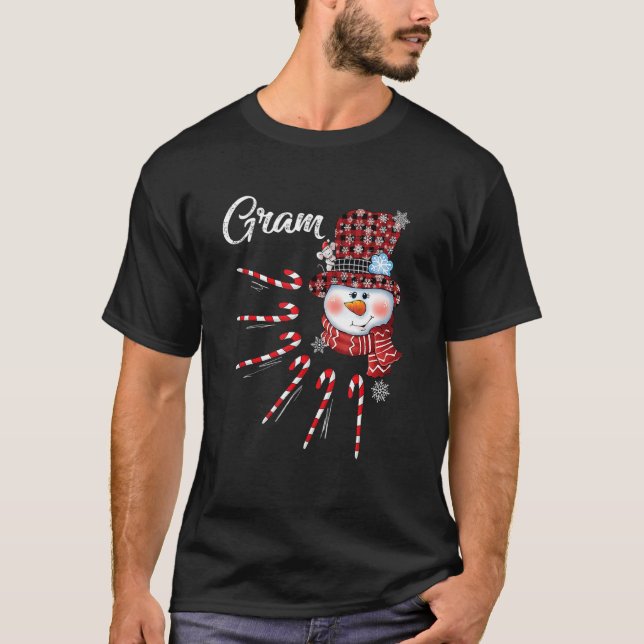 Gram Snowman Candy Cane Christmas Red Plaid Hat T-Shirt (Front)