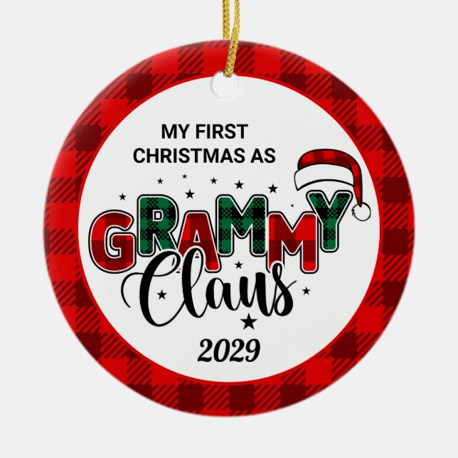Grammy Claus Christmas Photo Plaid Ceramic Ornamen Ceramic Tree Decoration (Front)
