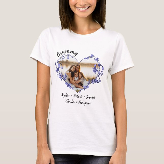 Grammy flower heart With Grandkids Names & Photo  T-Shirt (Front)