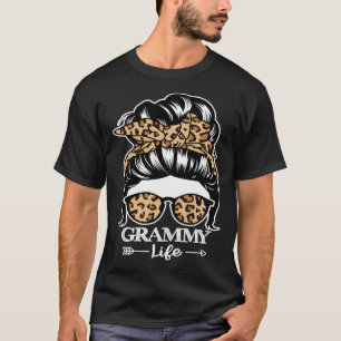 Grammy Life Messy Bun Hair  Grammy Leopard T-Shirt