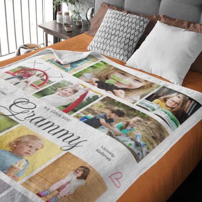 Grammy We Love You Personalised Hearts Fleece Blanket (Grammy large custom fleece blanket with personalized photos and text.)