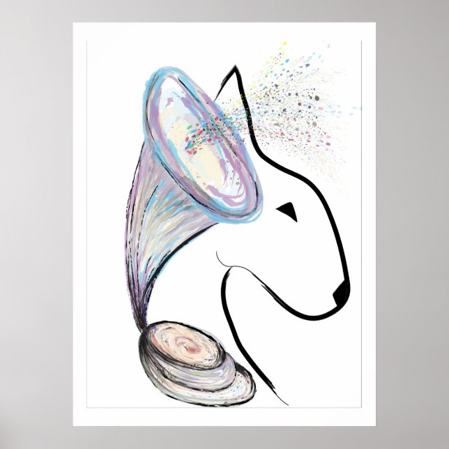 Gramophone Bull Terrier Music Surreal pet art Poster (Front)