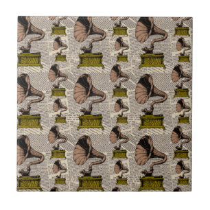 Gramophone Player Vintage Steampunk Newspaper Tile