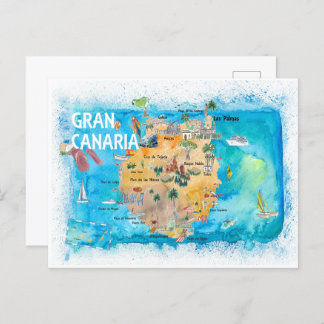 Gran Canary Canarias Spain Illustrated Map  Postcard