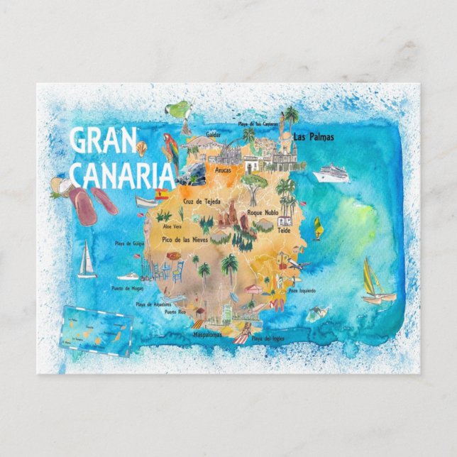 Gran Canary Canarias Spain Illustrated Map  Postcard (Front)