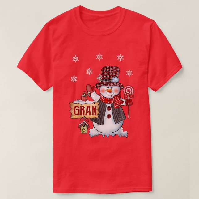 Gran Snowman Christmas Candy Cane Red Plaid Santa  T-Shirt (Design Front)