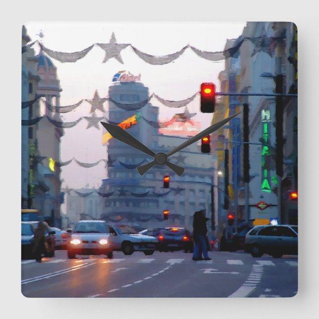 Gran Vía de Madrid en Navidad Square Wall Clock (Front)