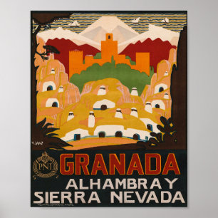Granada Alhambra Sierra Nevada Vintage Travel Poster