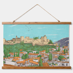 Granada Cityview Spain Landscape Illustration Hanging Tapestry
